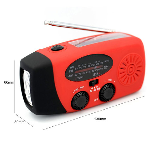 2000mAh Krankradio med Solceller Lommelygte og Powerbank red