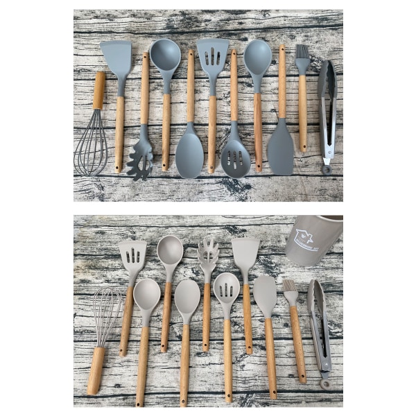 12/ set trähandtag silikon sked set köksredskap light gray