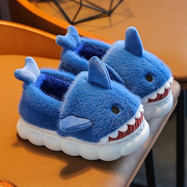 Barntofflor Ylleskor för pojkar Flickor Sandaler Vinter Indoor Shark Tofflor blue 32-33(insole 20.5cm)