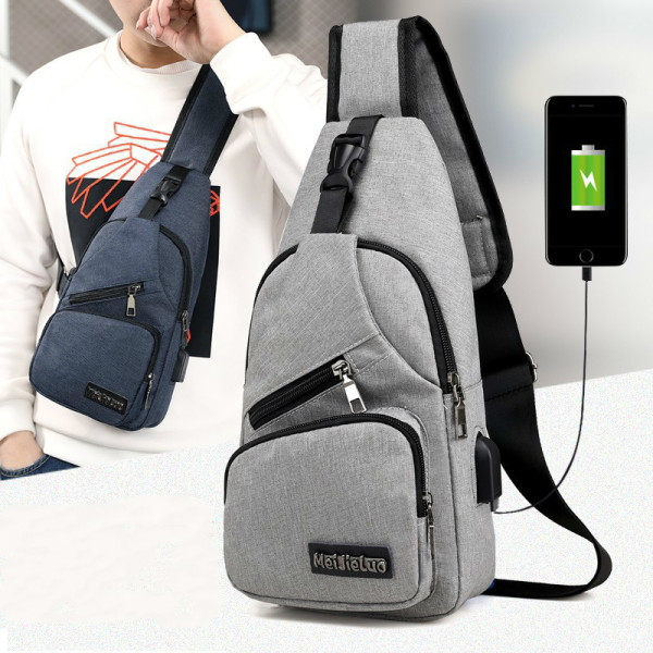 USB-opladning Crossbody Male Anti Theft Canvas Skuldertaske dark blue 16*33*8cm