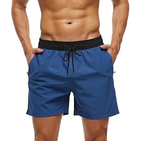 Badbyxor for män med dragkedja Vattentät Torkande Snabbbaddräkt Badshorts med justerbar dragsko-n Black Navy Blue S