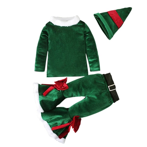 Girls Christmas Cosplay pitkähihainen Bell Bottom samettipuku green 100yards