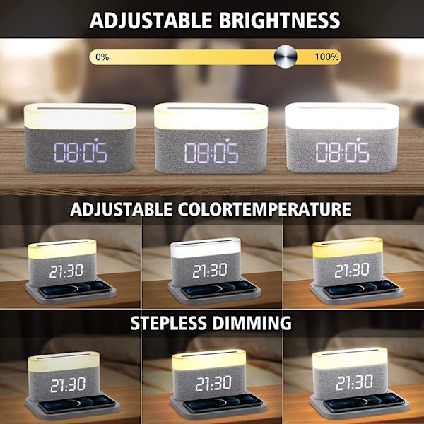 Trådlös laddning med digital väckarklocka LED 3 Växeljustering Nattljus 15W Touch Sänglampa Justerbar gray china