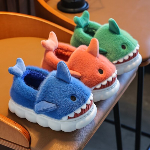 Barntofflor Ylleskor för pojkar Flickor Sandaler Vinter Indoor Shark Tofflor blue 24-25(insole 16cm)