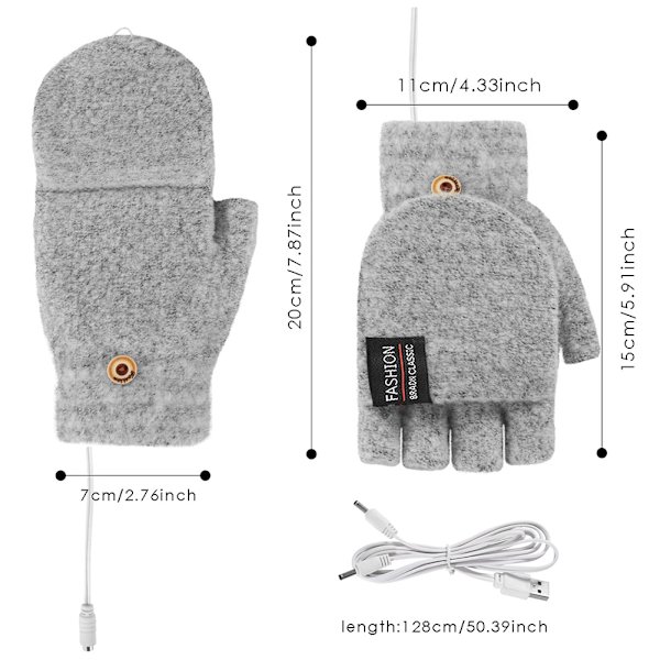 USB Elektriske Handsker Varme Konvertible Fingerløs Handske light gray
