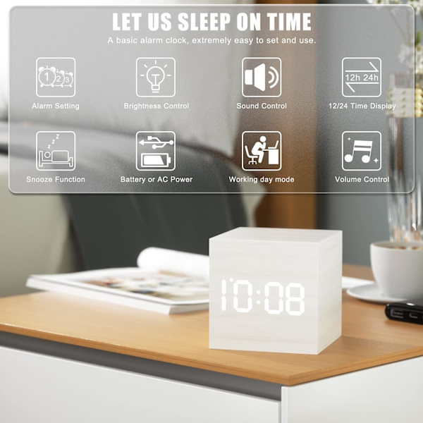 Digital träväckarklocka med LED-lampa, multifunktionell modern kub, visar datum, temperatur för hem, kontor, resor (vit)