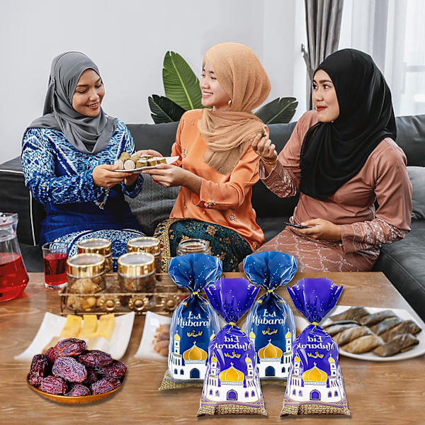 100 bitar Ramadan presentpåsar, blå och lila godispåsar