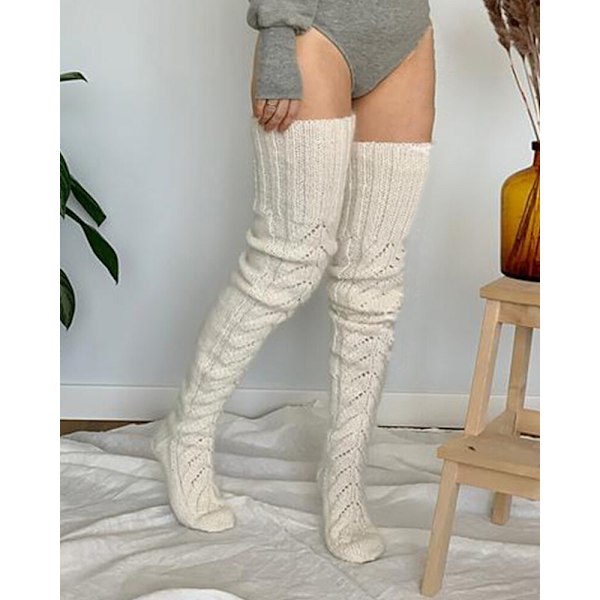 Daily Wear Lår Høj Strik Ben Vinter Varm Lang Jul Sok white 98cm