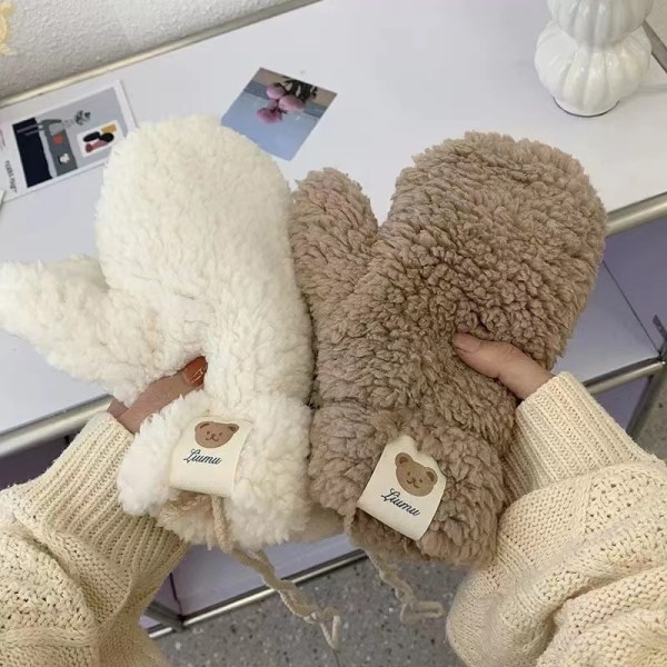 Cute Bear Bløde plyshandsker Anime Kvinder Vinter Varm Tykke Fingerløse vanter beige one size