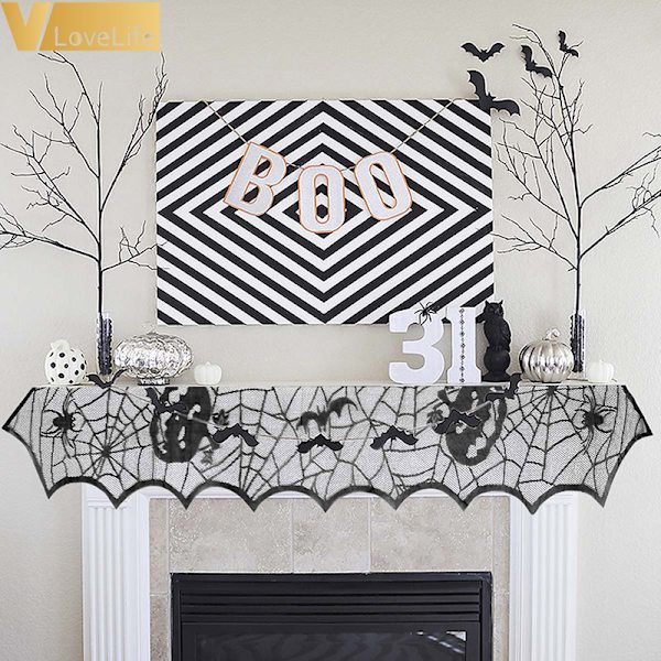 Halloween cover spets bordsduk matt svart pumpa Bat black 46*183cm