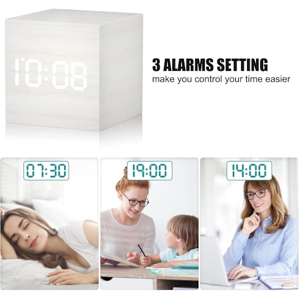 Digital träväckarklocka med LED-lampa, multifunktionell modern kub, visar datum, temperatur för hem, kontor, resor (vit)
