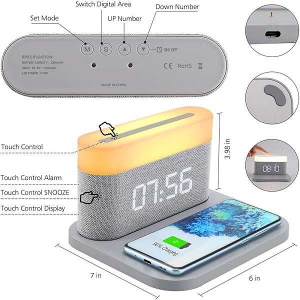 Trådlös laddning med digital väckarklocka LED 3 Växeljustering Nattljus 15W Touch Sänglampa Justerbar gray china