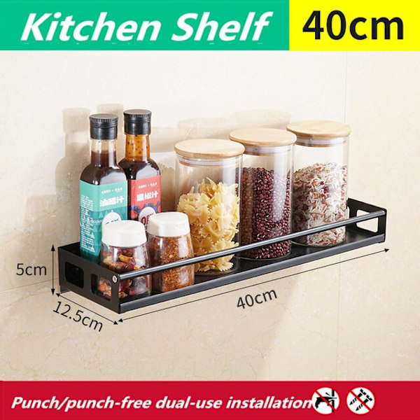 Multi-Purpose Køkken Opbevaring Vægmontering Spice Rack Hyldebeslag Black-40cm   440