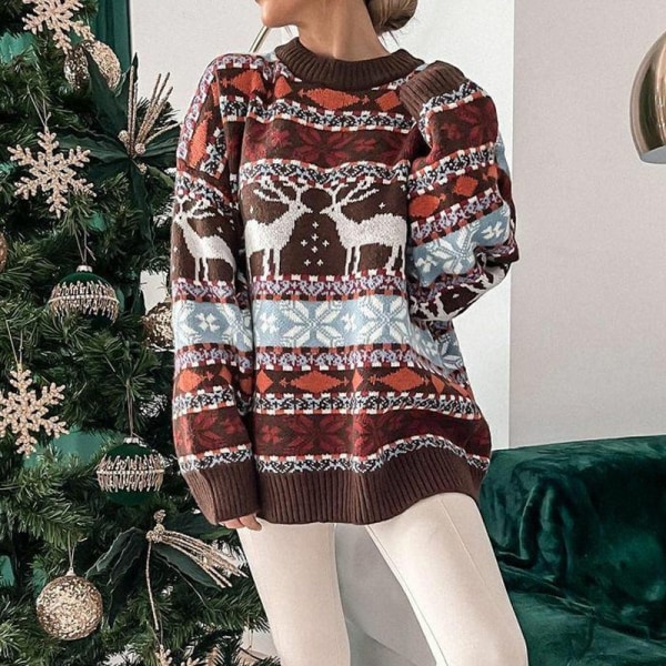 O-hals langærmet sweater kvinder juletrykt sweater Brown S