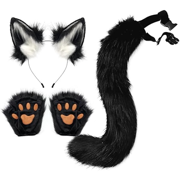 Teko-turkki-pentu ja susi-pään hännänsetti aikuisille ja lapsille Kynsihanskat Halloween Anime Cosplay -juhliin Black+White