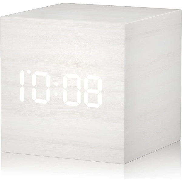 Digital träväckarklocka med LED-lampa, multifunktionell modern kub, visar datum, temperatur för hem, kontor, resor (vit)