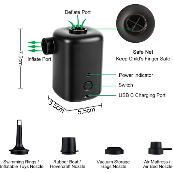 Mini elektrisk luftpump uppblåsbar simring black