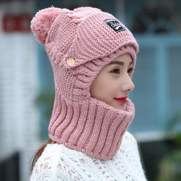 Vinterförtjockad hattsjal mask i ett cap pink