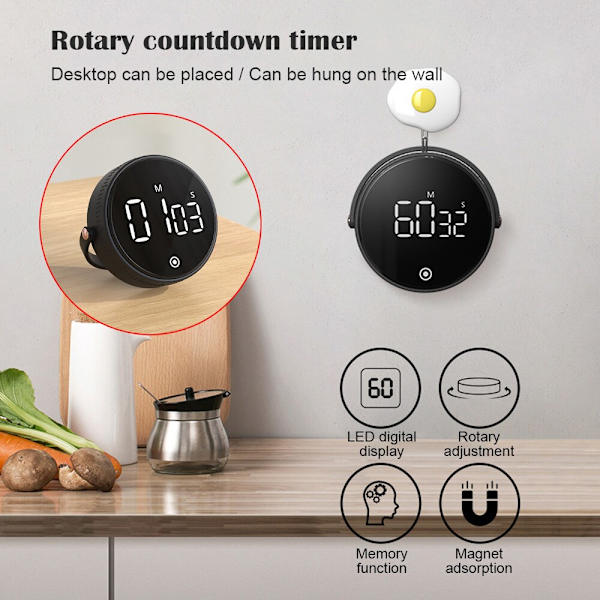 Digital Timer Smart Magnetisk Elektrisk Madlavning Nedtællingsalarm black 8.3cm * 2.5cm