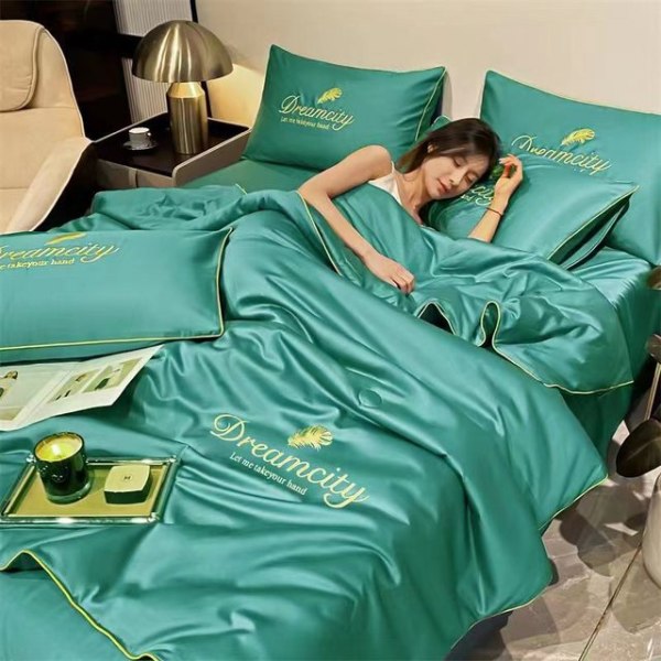 Lätt Lyx Tvättad Sommar Cool Quilt Is Silke Luftkonditionering Quilt Enkel Dubbel Tunn Filt Sängkläder Green 180x220cm 4pcs set
