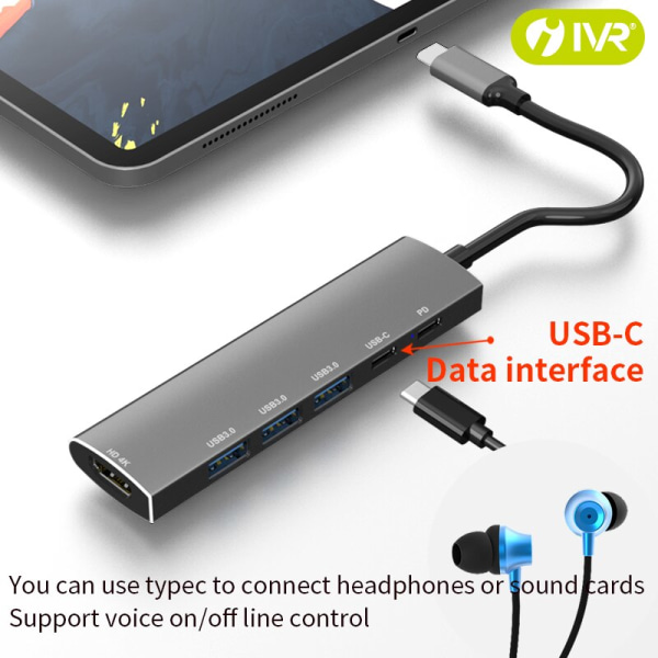 IVR Typ-c till HDMI 4k eller USB 3.0 eller Pd Snabbladdning 6-i-1 omvandlare flerfunktionsexpansion 1pc