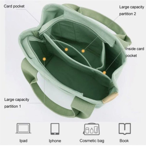 Suurikapasiteettinen monitaskuinen käsintehty yksinkertainen ostoslaukku green 29*33*14cm