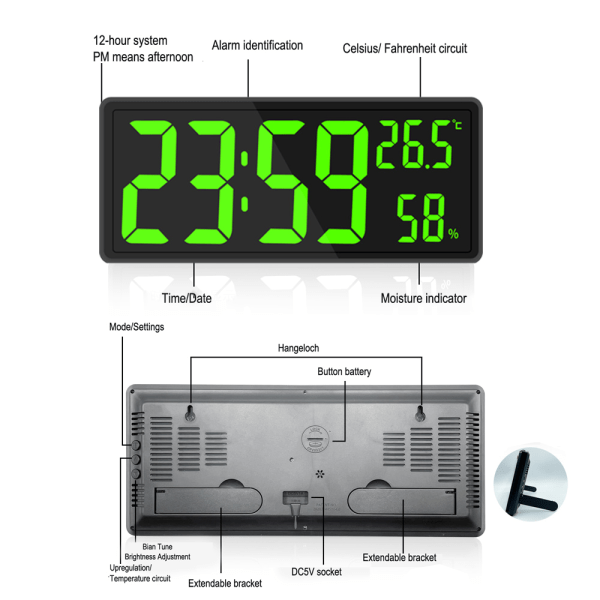 Digital Klocka Stor Display, Stor Digital Väggklocka med green