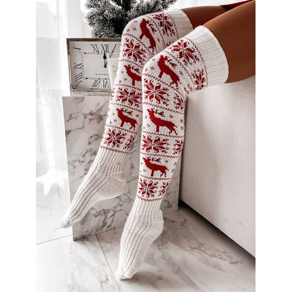 Julestrømper Lår Høj Snefnug Print Strik Over Knæet white 83cm
