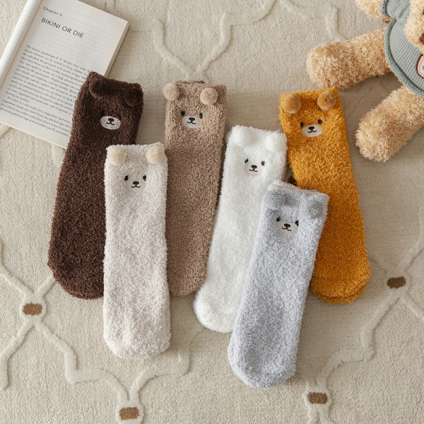 3ST Home Slipper Socks Luddiga strumpor Mysigt Varm Fluffig Mjuk Söt Beige en storlek