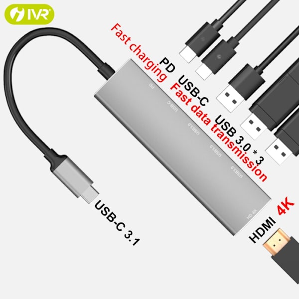 IVR Type-c - Hdmi 4k tai USB 3.0 tai Pd pikalataus 6-in-1 -muunnin monitoimilaajennus 1pc