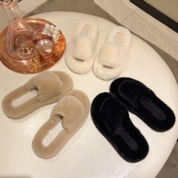 Dame Fluffy Slippers Vinter Pels Rutsjebaner Varm Flip Flop khaki 41