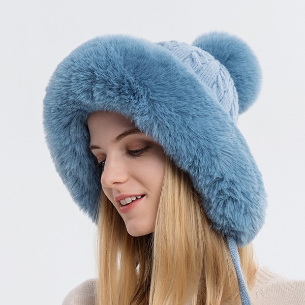 Vinter varm strikket hue Pelsøreklap Thicken Plush Fluffy Cap blue 56-58cm