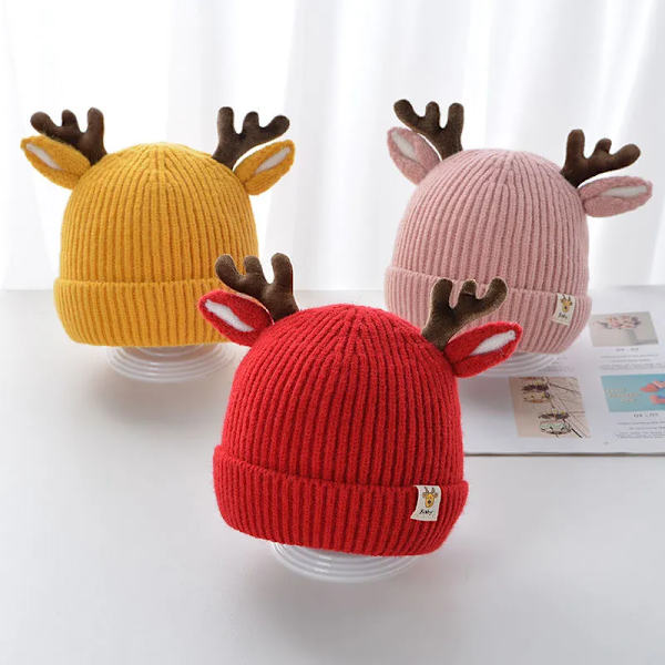 Christmas Stickad Baby Beanie Söt Deer Ear Tjock varm mössa Enfärgad khaki