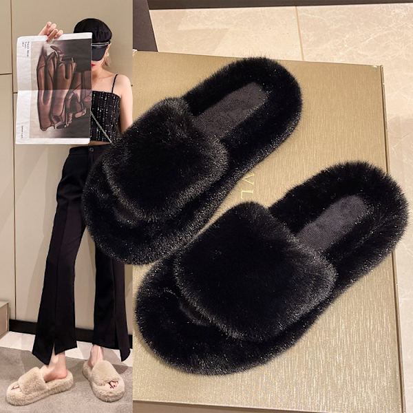 Dame Fluffy Slippers Vinter Pels Rutsjebaner Varm Flip Flop khaki 41