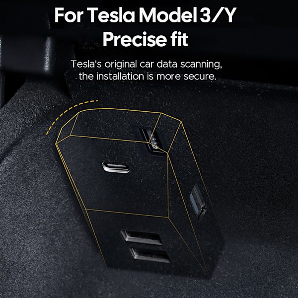 Dockingstation til Tesla Model Y Model 3 Quick Charger 4 USB Shunt Hub Flocking Adapter Glovebox Usb Hub