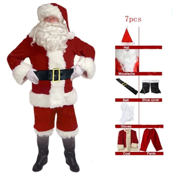 Jultomtekostym 7 st Julkomplett utklädningsdräkt för vuxen Cosplay tomtedräkt plus santa l(160-178cm)