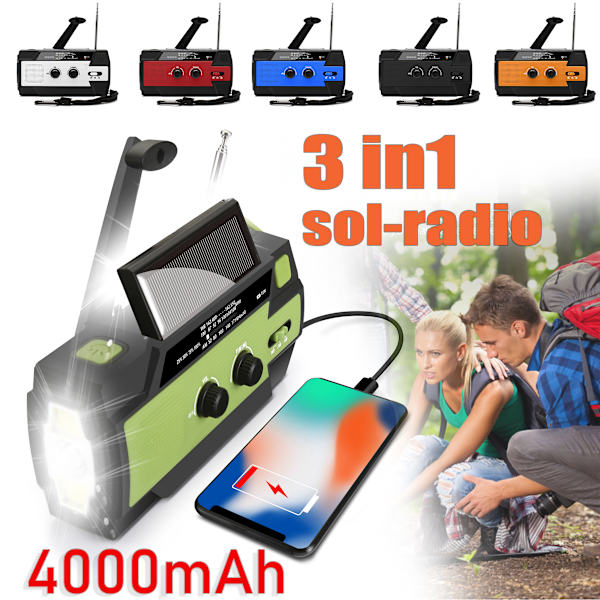 4000mAh vevradio med solcellsficklampa och powerbank bule