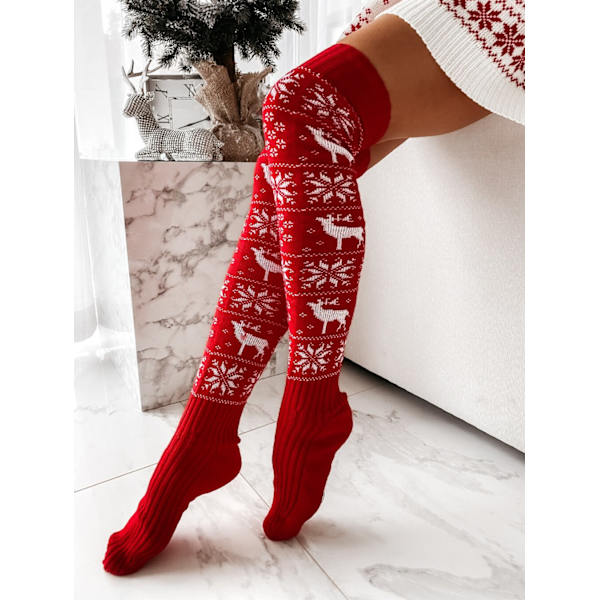 Joulusukat Reisi korkea print, neulo polven yli red 83cm