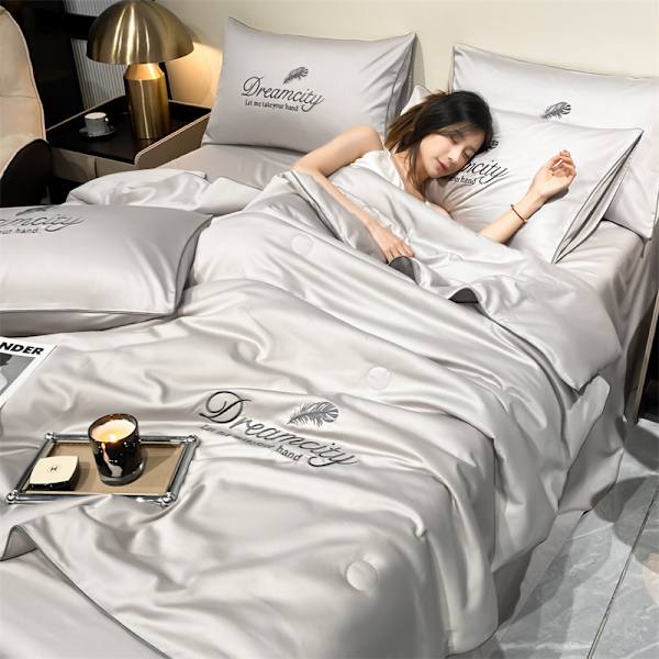 Let Luksus Vasket Sommer Cool Quilt Is Silke Aircondition Quilt Enkelt Dobbelt Tyndt Tæppe Sengetøj Advanced Grey 180x220cm 4pcs set