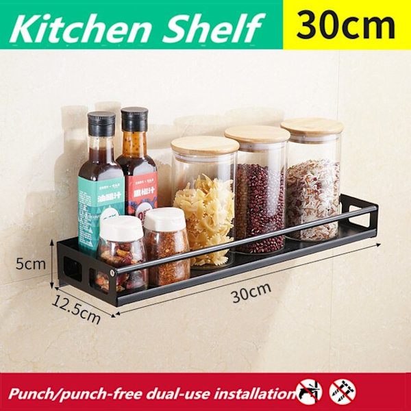 Multi-Purpose Køkken Opbevaring Vægmontering Spice Rack Hyldebeslag Black-30cm  380