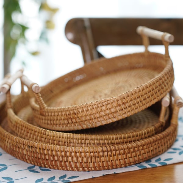 Rattan rund brød frugt madopbevaringsplade med håndtag L