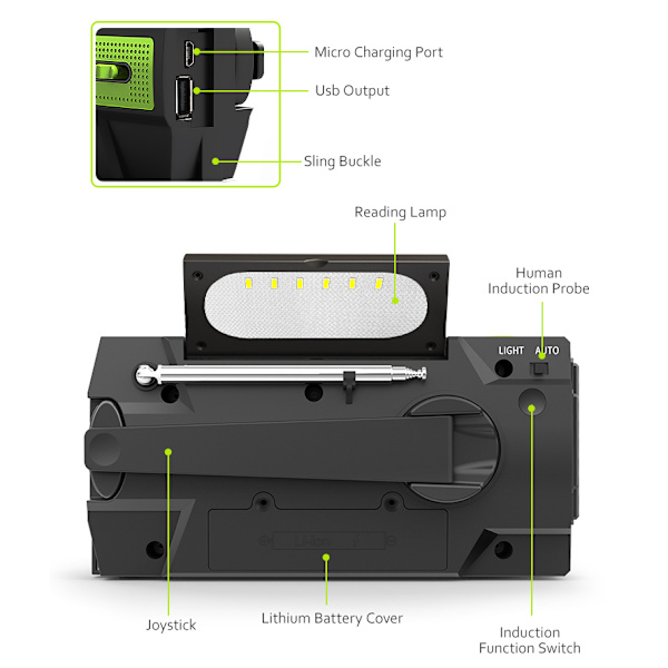 4000 mAh kampiradio aurinkokennolla ja virtapankilla green