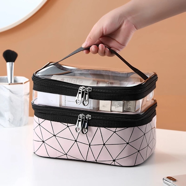 Multifunktions dobbeltlag Transparent kosmetisk makeuptaske silver 23*16*17cm