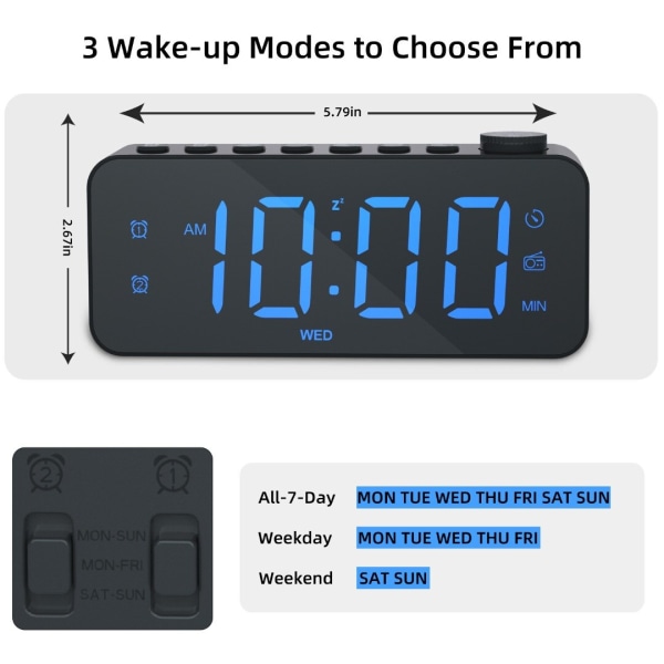 Digitalt vækkeur Radio Spejl Overflade Snooze FM Radio Sleep Timer black