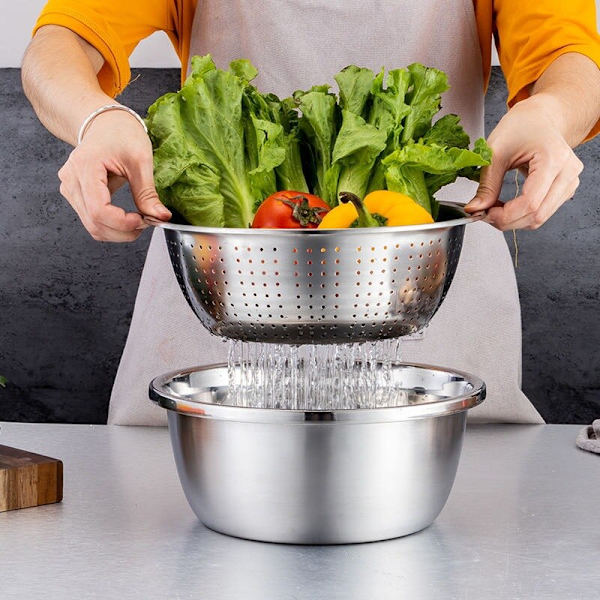 3 i 1 grøntsagsskærer afløbskurv rustfrit stål grøntsags julienne rivejern Salatmaskine skål Køkken gadgets Silver