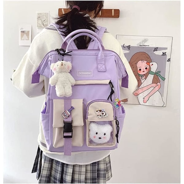 Kevyt koululaukku Söpö esteettinen reppu tytöille lapsille nuorille, suuri kapasiteetti purple