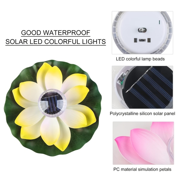 Solcelledrevet kunstig flytende lotus LED-lys hagedam fontene dekor utendørsbelysning Yellow