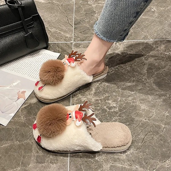 Christmas Elk Plys Hjem Hjemmesko Dame Vinter Warm Furry Slides Sko khaki 40-41(fit 39-40)