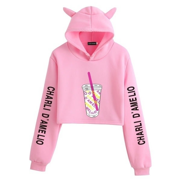 kvinders katteører beskåret sweatshirt afslappet harajuku hættetrøje Pink XXS-Broken clothes