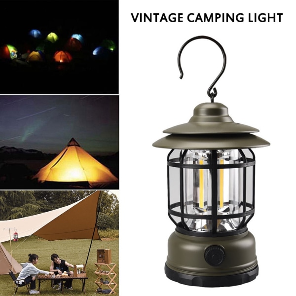 LED Camping Lanterne hængende telt lys Retro bærbar lampe Army green battery type